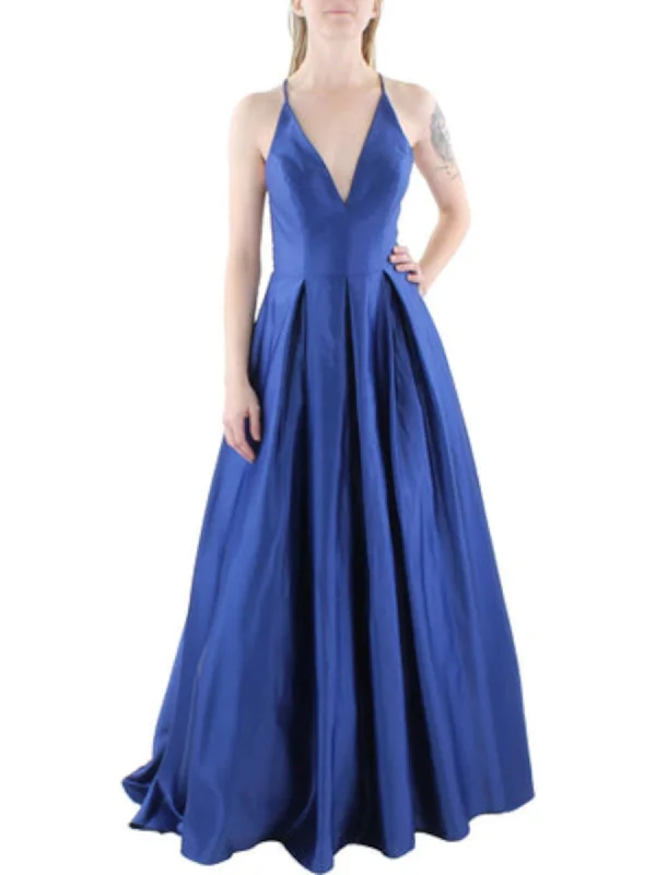 Special Price BLONDIE NITES Womens Blue Zippered Pocketed Illusion Strappy Back Bodice Spaghetti Strap V Neck Full-Length Evening Gown Dress