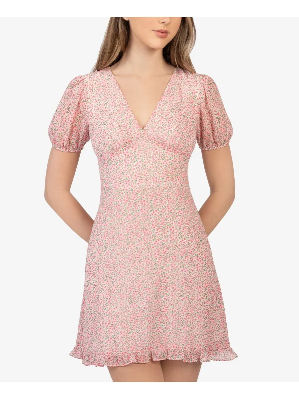 Unbeatable Prices B DARLIN Womens White Zippered Ruffled Chiffon Keyhole-back Floral Pouf Sleeve V Neck Short Party Fit + Flare Dress