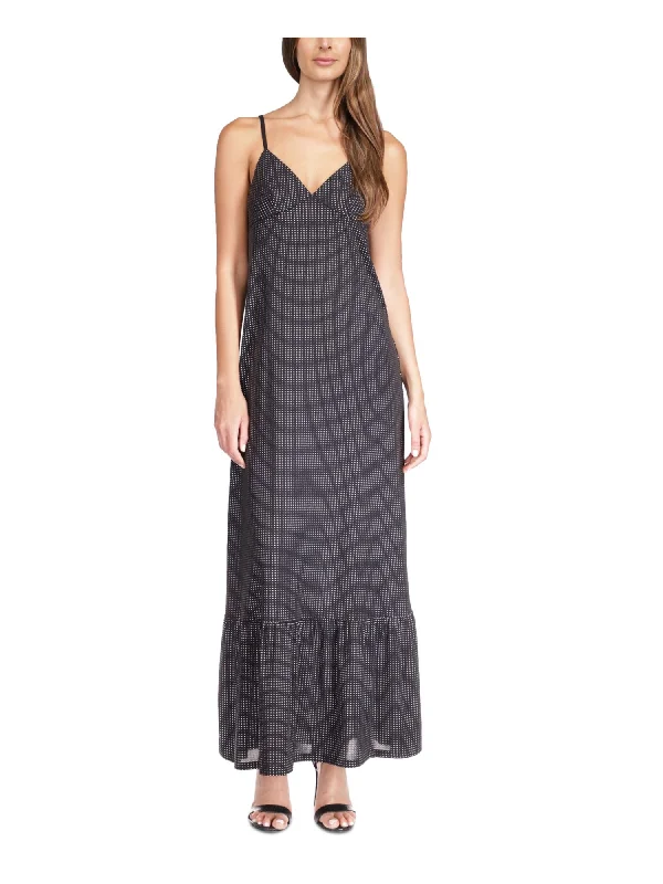 Bonus Savings MICHAEL MICHAEL KORS Womens Black Embellished Adjustable Lined Ruffled Hems Spaghetti Strap V Neck Maxi Evening Shift Dress