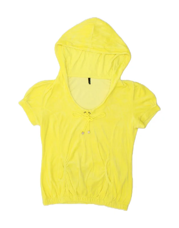 BENETTON Womens Short Sleeve Hoodie Jumper UK 14 Medium Yellow