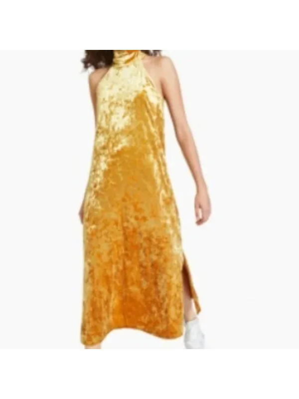 Limited Stock BAR III Womens Gold Stretch Slitted Zippered Tie Neck Crushed Velvet Sleeveless Halter Maxi Party Sheath Dress Limited Stock BAR III Womens Gold Stretch Slitted Zippered Tie Neck Crushed Velvet Sleeveless Halter Maxi Party Sheath Dress