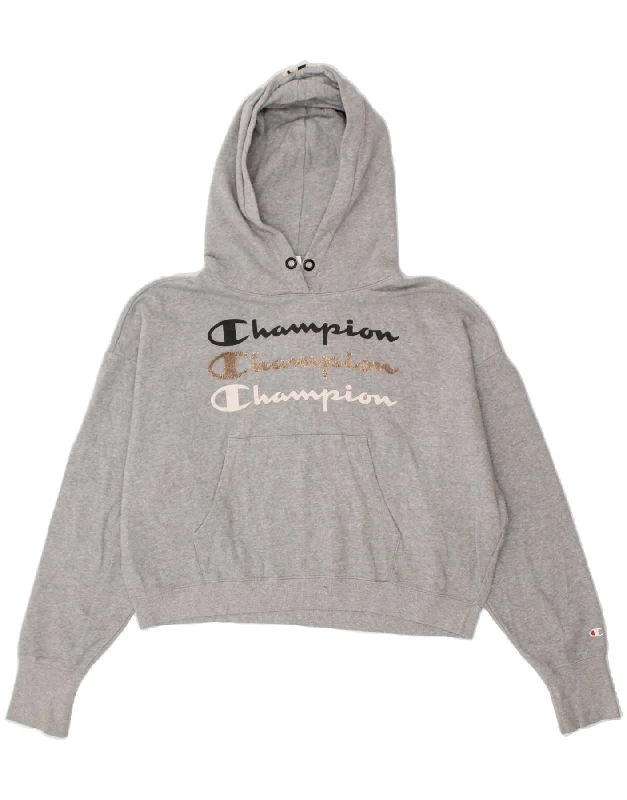 CHAMPION Womens Oversized Graphic Crop Hoodie Jumper UK 18 XL Grey Cotton