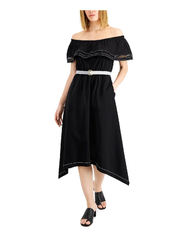 Incredible Offers DONNA KARAN NEW YORK Womens Black Belted Unlined Handkerchief Hem Ladder Trim Short Sleeve Off Shoulder Midi Fit + Flare Dress Incredible Offers DONNA KARAN NEW YORK Womens Black Belted Unlined Handkerchief Hem Ladder Trim Short Sleeve Off Shoulder Midi Fit + Flare Dress