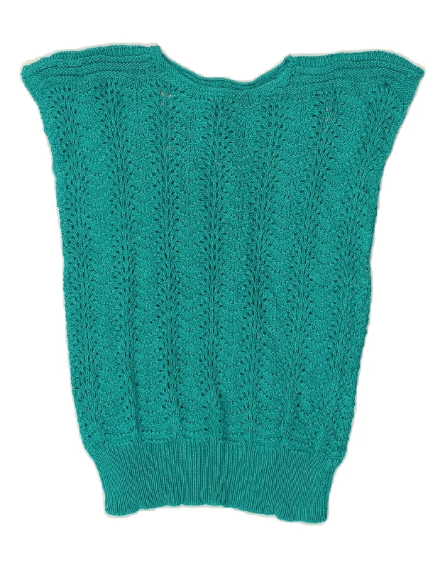 Crazy Savings VINTAGE Womens Crop Crew Neck Jumper Sweater UK 10 Small Turquoise