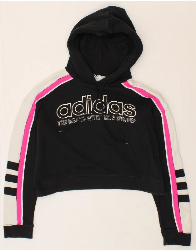 ADIDAS Womens Oversized Crop Hoodie Jumper UK 6 XS Black Colourblock