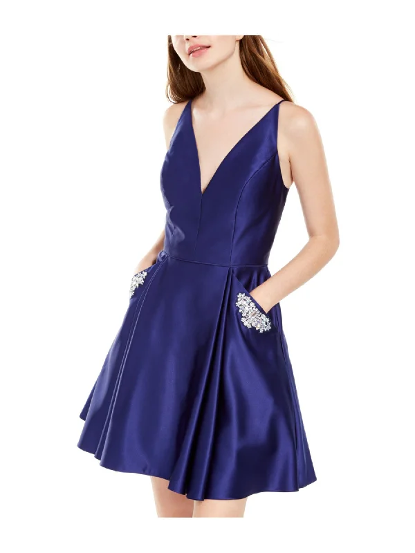New Arrival BLONDIE NITES Womens Blue Zippered Pocketed Metallic Lace Pleated Spaghetti Strap V Neck Mini Party Fit + Flare Dress