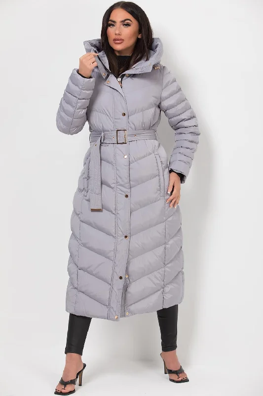 Online Specials Long Puffer Down Coat With Belt Grey