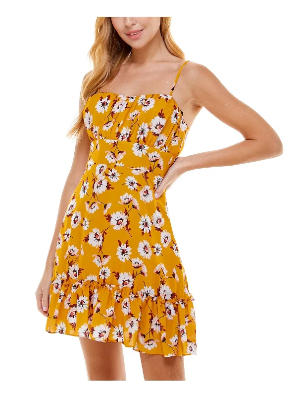 Don't Wait CITY STUDIO Womens Yellow Pleated Zippered Ruffled Hem Floral Spaghetti Strap Scoop Neck Short Party Fit + Flare Dress