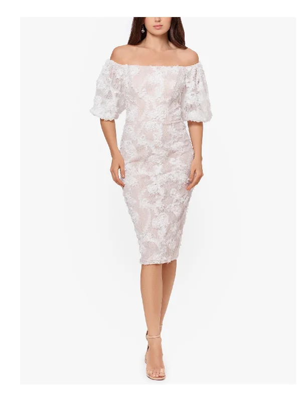Don't Wait XSCAPE Womens Ivory Stretch Lace Zippered Embellished Elbow Sleeve Off Shoulder Below The Knee Party Sheath Dress