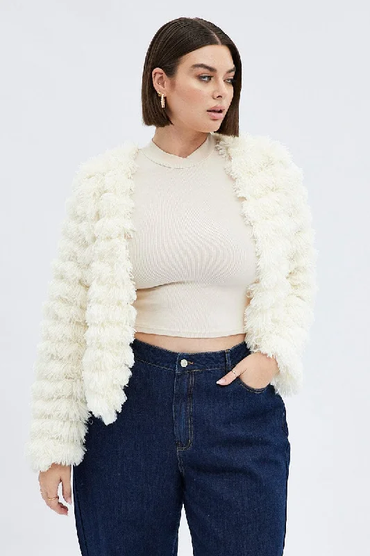 New Arrival White Plush Jacket Faux Fur Lined