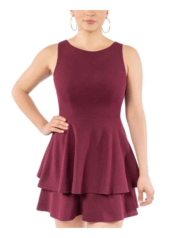 Special Savings B DARLIN Womens Burgundy Stretch Zippered Darted Ruffled Lined Sleeveless Scoop Neck Mini Party Layered Dress Special Savings B DARLIN Womens Burgundy Stretch Zippered Darted Ruffled Lined Sleeveless Scoop Neck Mini Party Layered Dress