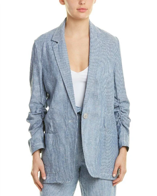 Striped Linen Blend One-Button Blazer In Blue