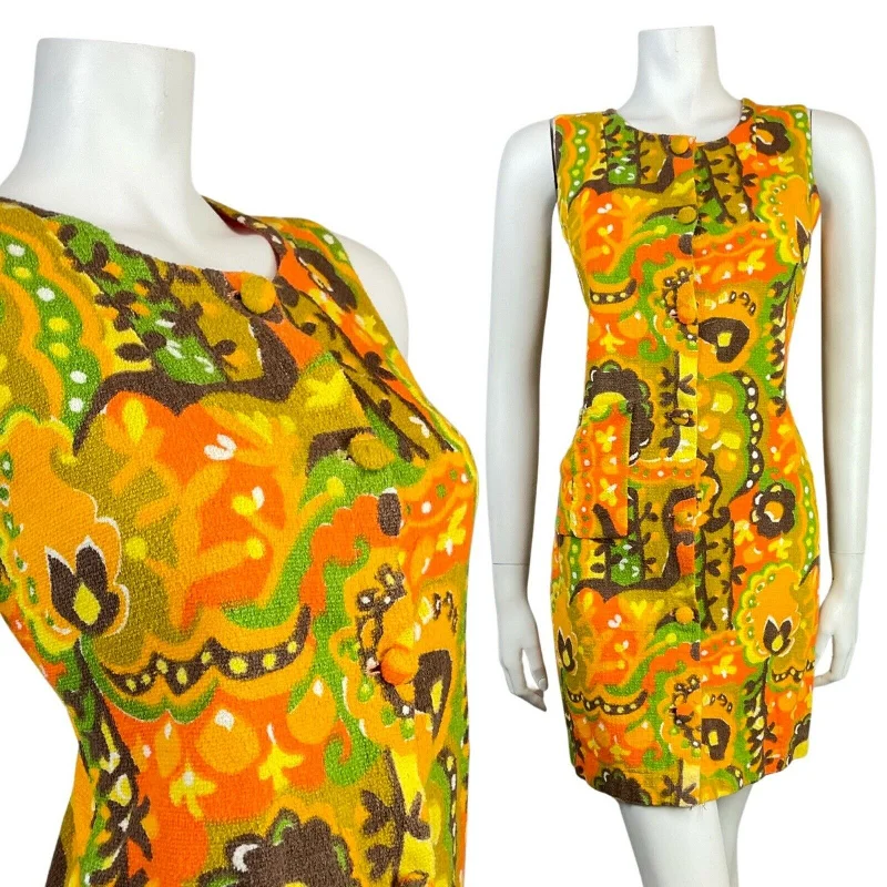 Quick Sale VTG 60s 70s YELLOW ORANGE GREEN PSYCHEDELIC FLORAL TERRY TOWELLING MOD DRESS 8 Quick Sale VTG 60s 70s YELLOW ORANGE GREEN PSYCHEDELIC FLORAL TERRY TOWELLING MOD DRESS 8