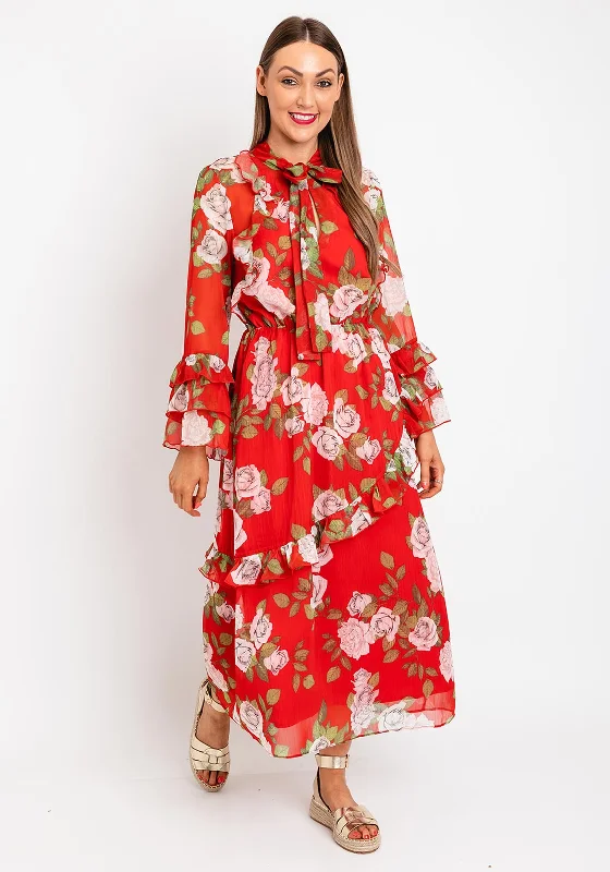 Savings Bonanza Serafina Collection Floral Ruffle Tiered Maxi Dress, Red