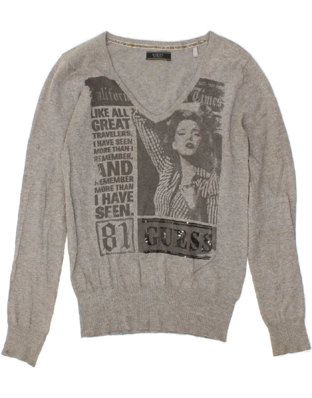 GUESS Womens Graphic V-Neck Jumper Sweater UK 10 Small Grey Cotton