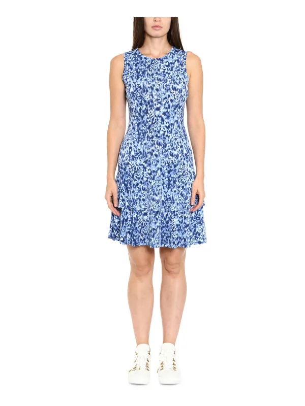 Don’t Miss Out MICHAEL MICHAEL KORS Womens Blue Unlined Sleeveless Round Neck Above The Knee Wear To Work Fit + Flare Dress