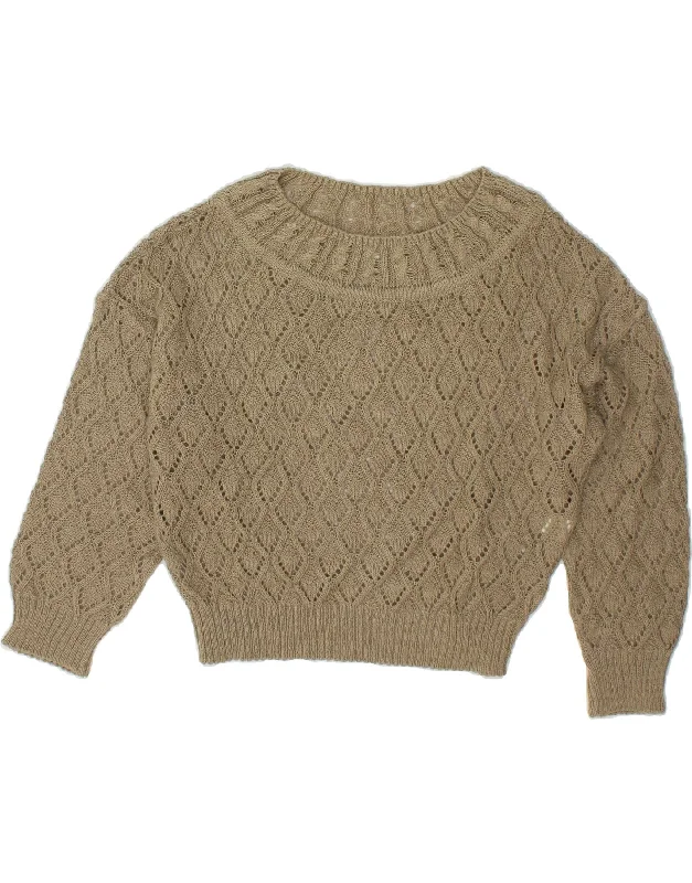 Price Meltdown VINTAGE Womens Crop Boat Neck Jumper Sweater UK 16 Large Beige Linen