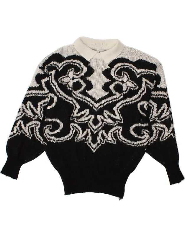 Online Exclusive VINTAGE Womens Abstract Pattern Polo Neck Jumper Sweater One Size Black