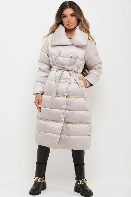 Super Bargain Beige Longline Puffer Coat With Gold Buttons
