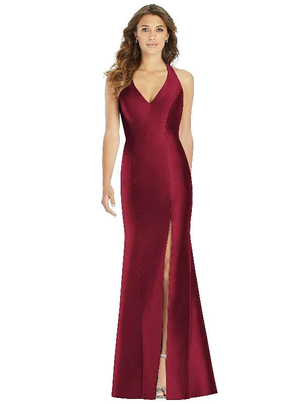 Clearance Event V-Neck Halter Satin Trumpet Gown