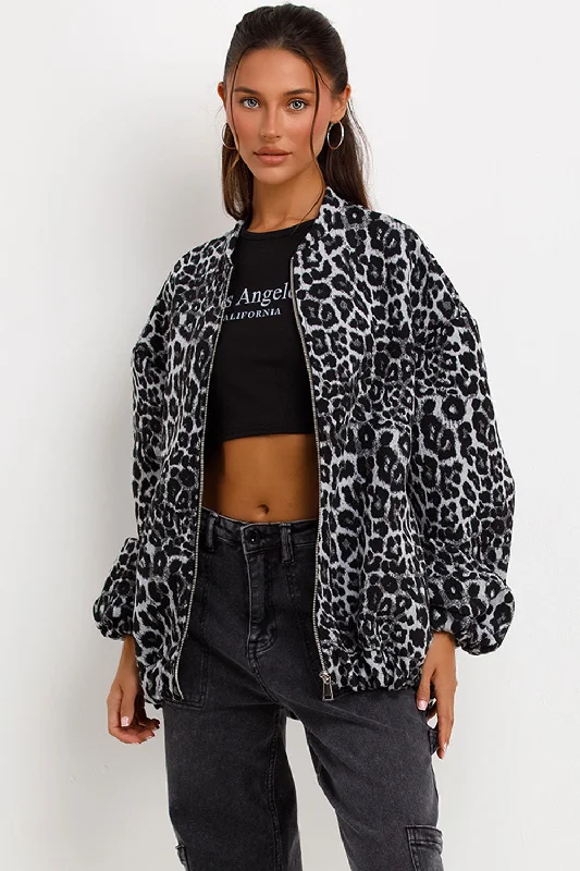 Price Fest Leopard Print Bomber Jacket Grey