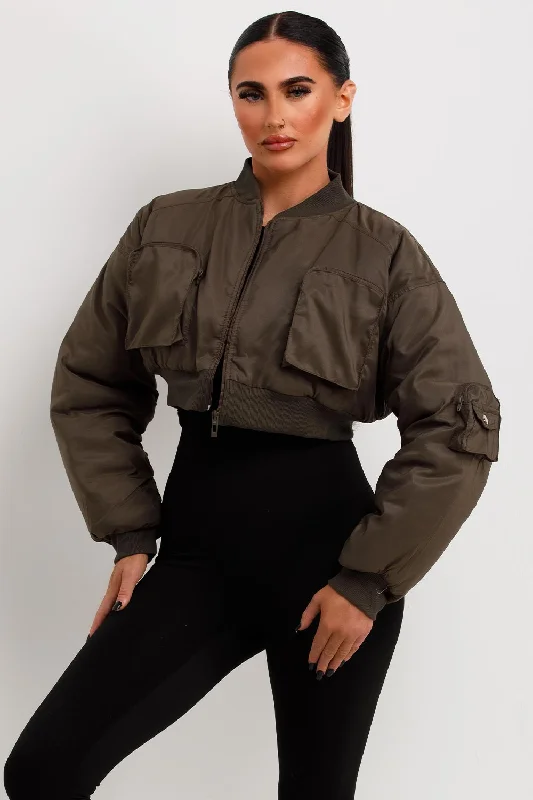 Price Cut Crop Bomber Jacket With Pockets Khaki
