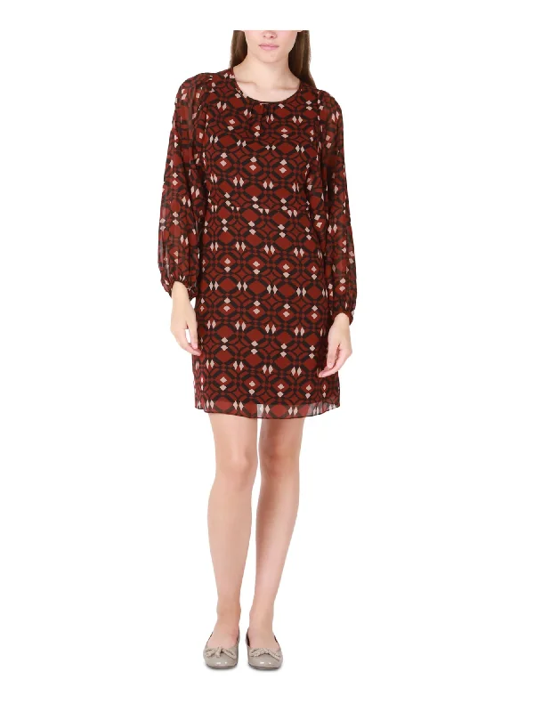 Massive Deals BLACK TAPE Womens Maroon Lined Zippered Printed Long Sleeve Round Neck Short Fit + Flare Dress