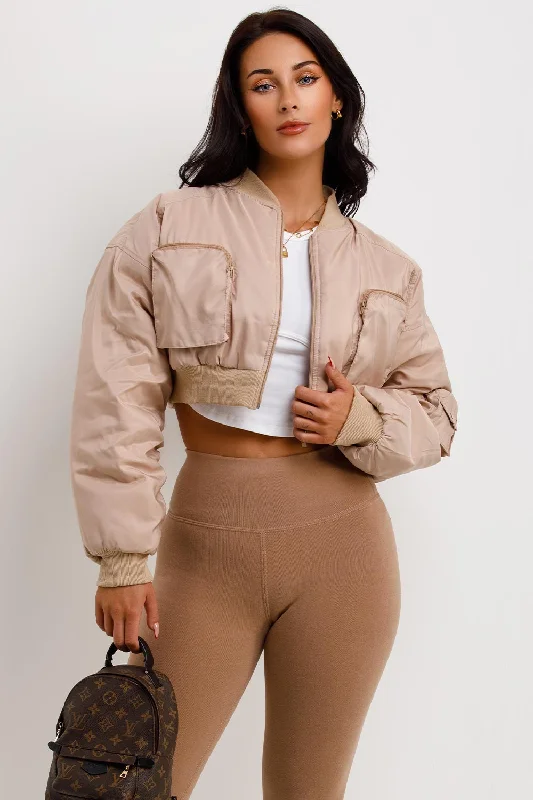 Markdown Madness Crop Bomber Jacket With Pockets Beige