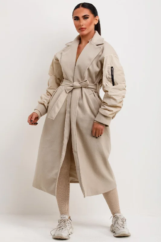 Holiday Sale Beige Long Wrap Coat With Ruched Sleeves