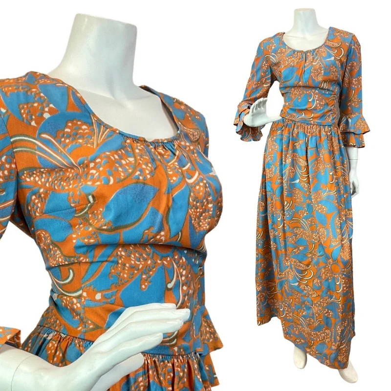 Extra Discounts VINTAGE 60s 70s BLUE ORANGE PSYCHEDELIC FLORAL FLOUNCE SLEEVE MOD MAXI DRESS 12