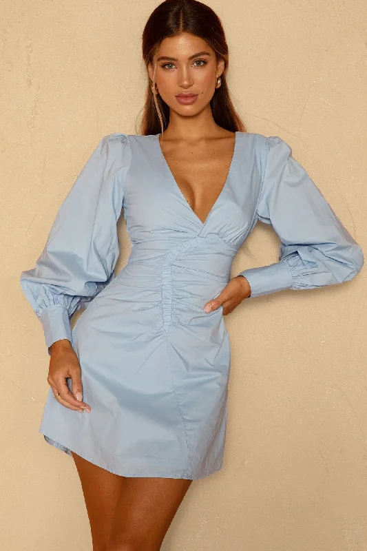 Steals and Deals Josie Long Sleeved Ruched Feature Mini Dress Blue