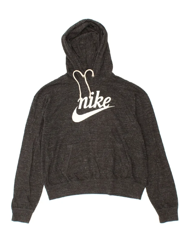 Hurry In NIKE Womens Graphic Crop Hoodie Jumper UK 14 Medium Grey Flecked Cotton
