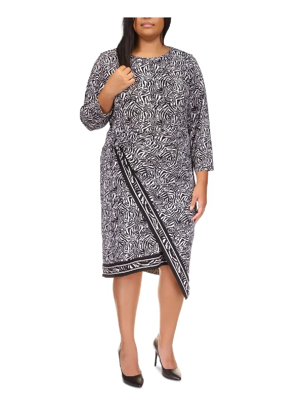 Act Now MICHAEL MICHAEL KORS Womens Black Unlined Ruched Asymmetric Hem O-ring Pullover Animal Print 3/4 Sleeve Crew Neck Midi Fit + Flare Dress