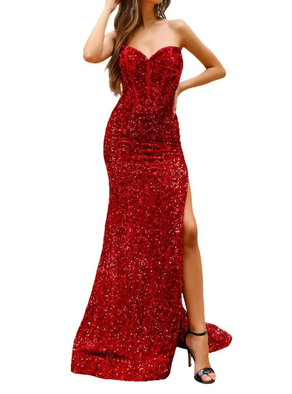 Price Meltdown Sequin Fitted Strapless Slit Gown In Red