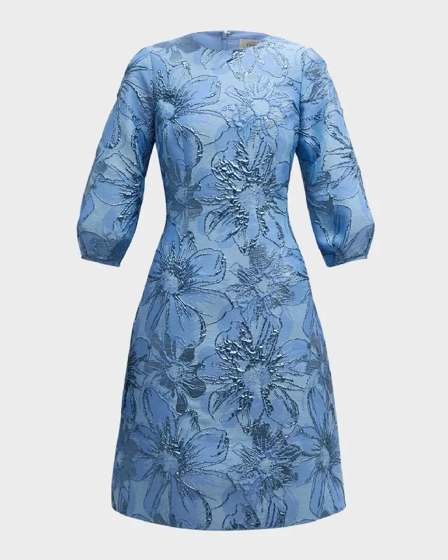 Stock Up and Save Blouson-Sleeve Metallic Jacquard Midi Dress In Slate Blue