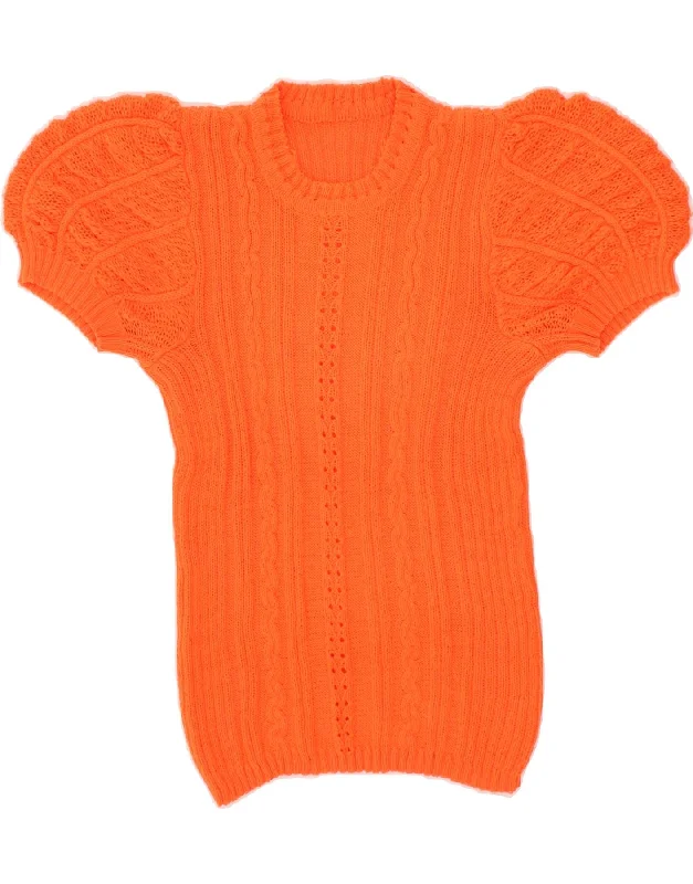 VINTAGE Womens Short Sleeve Crew Neck Jumper Sweater UK 10 Small Orange