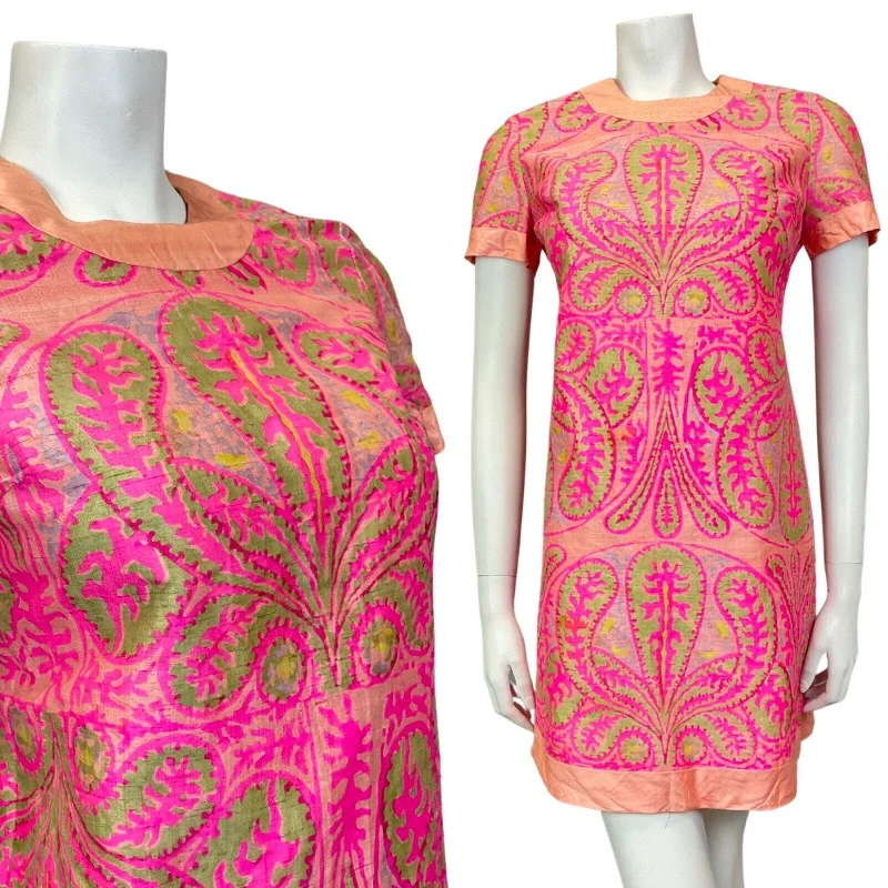 Shop and Save VINTAGE 60s 70s PINK PEACH LILAC GREEN PAISLEY MOD SHIFT DRESS 8 10