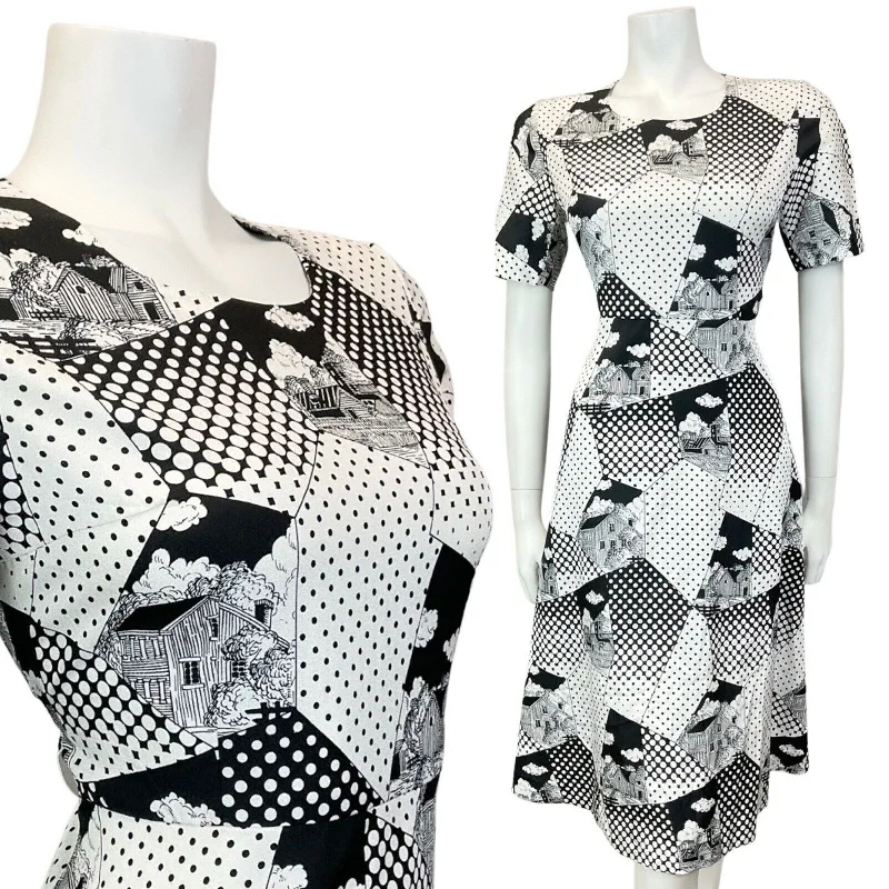 Take Advantage VINTAGE 60s 70s WHITE BLACK POLKA-DOT COTTAGE GEOMETRIC MOD SWING DRESS 10 12 Take Advantage VINTAGE 60s 70s WHITE BLACK POLKA-DOT COTTAGE GEOMETRIC MOD SWING DRESS 10 12