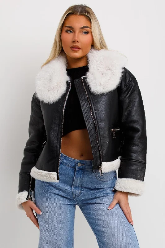 Take Advantage Crop Aviator Jacket With Fur Collar Black