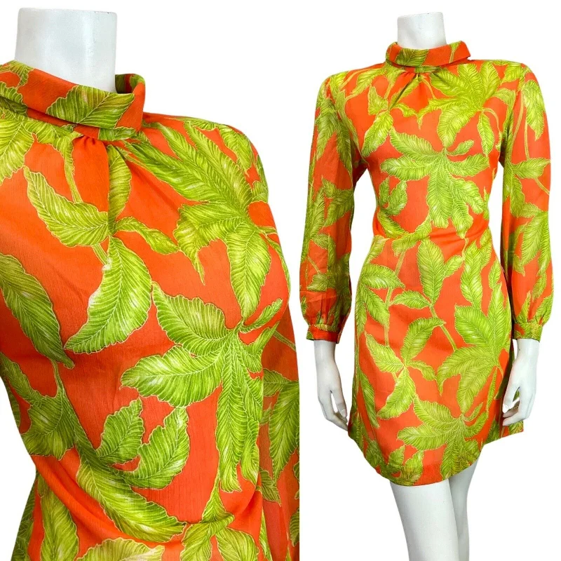 Limited Time VINTAGE 60s 70s ORANGE GREEN PALM LEAF SHEER TURTLENECK MOD SHIFT DRESS 8 10