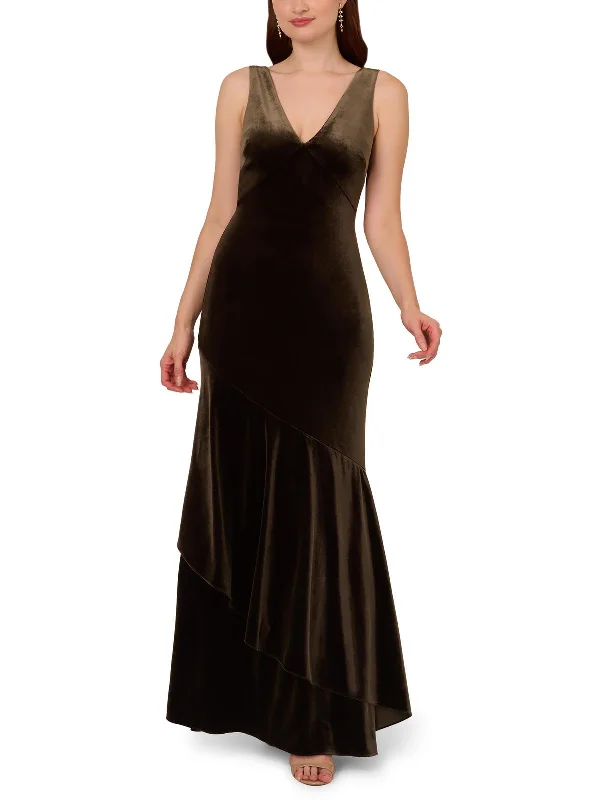 Super Bargain Womens Velvet Flounce Hem Evening Dress