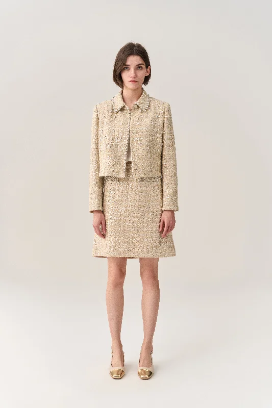 Midnight Sale Cropped Embellished Lapel Tweed Jacket