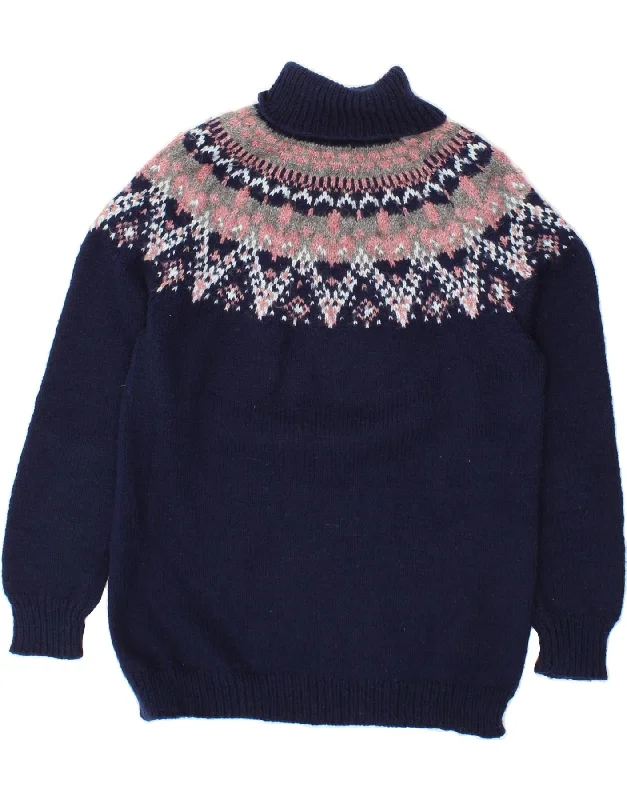 VINTAGE Womens Roll Neck Jumper Sweater UK 14 Medium Navy Blue Fair Isle