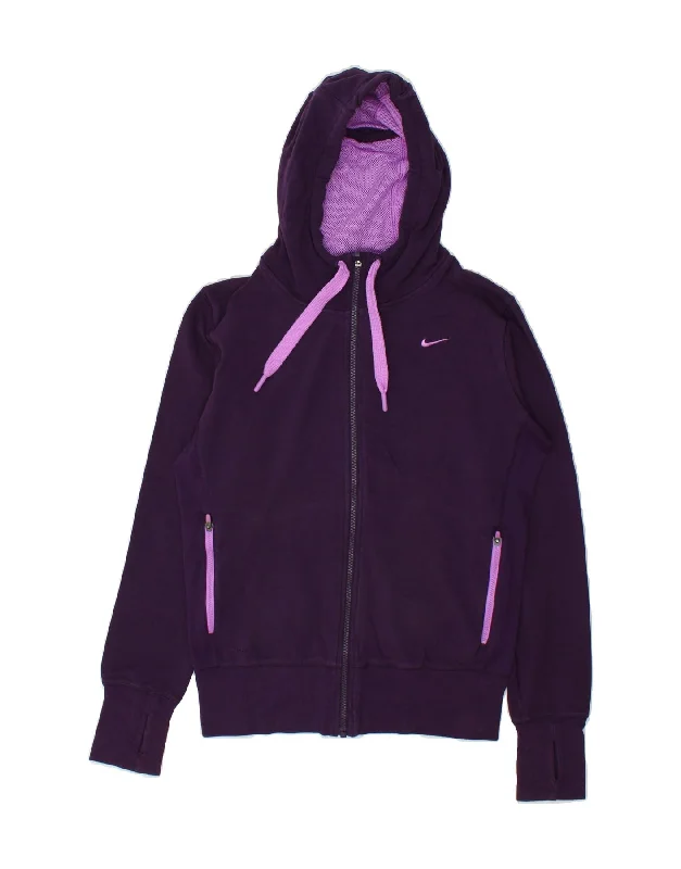 NIKE Womens Dri Fit Zip Hoodie Sweater UK 14 Medium Purple Polyester