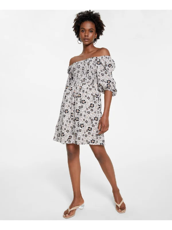 Super Sale BAR III Womens Beige Smocked Pullover Lined Floral 3/4 Sleeve Off Shoulder Short Party Fit + Flare Dress