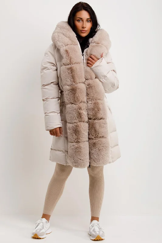 Bargain Prices Beige Long Puffer Padded Coat With Faux Fur Hood And Trim