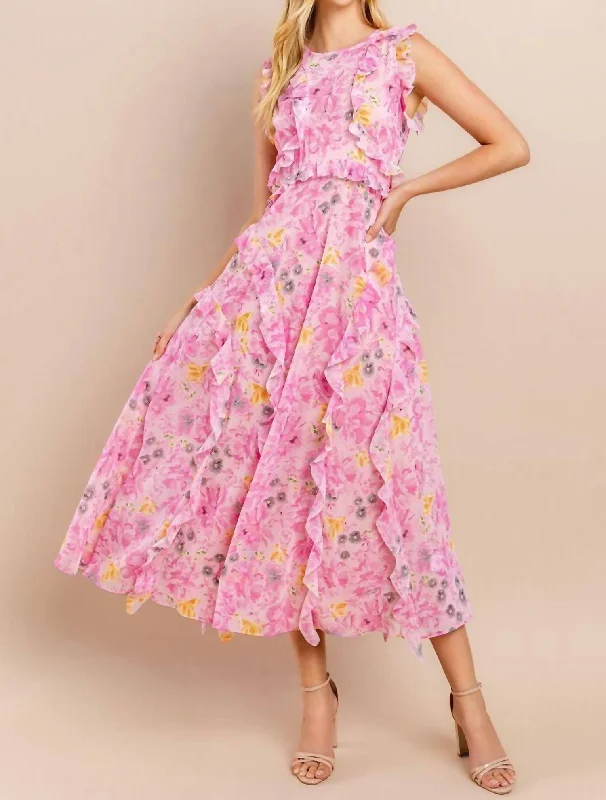 Limited Quantity Floral Printed Midi Dress In Pink