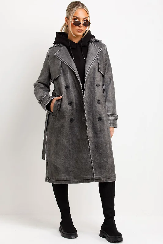 Weekend Flash Sale Faux Leather trench Coat With Belt Grey