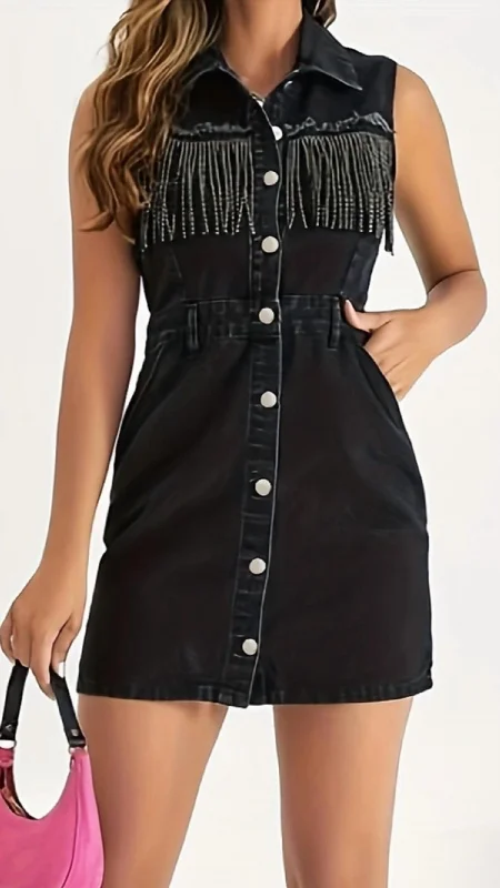 Limited Availability Pocket Rhinestone Fringe Sleeveless Denim Dress In Black