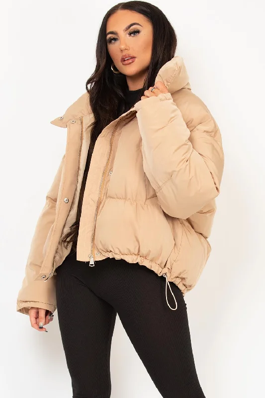 Limited Time Discount Beige Puffer Jacket With Drawstring Hem